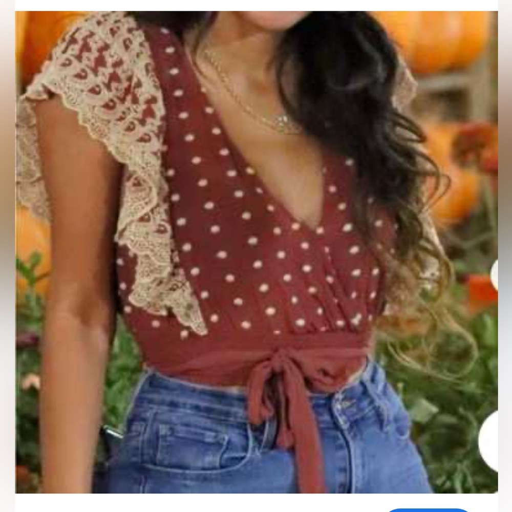 Love Margaux Flutter Sleeve Eyelet Deep V Neck Tie Belt Polka Dot Crop Top XS
